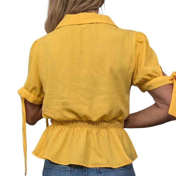Sweet Rain Bright Yellow Belted Button-Up Shirt Short Sleeve Blouse Size XS - Picture 3 of 6